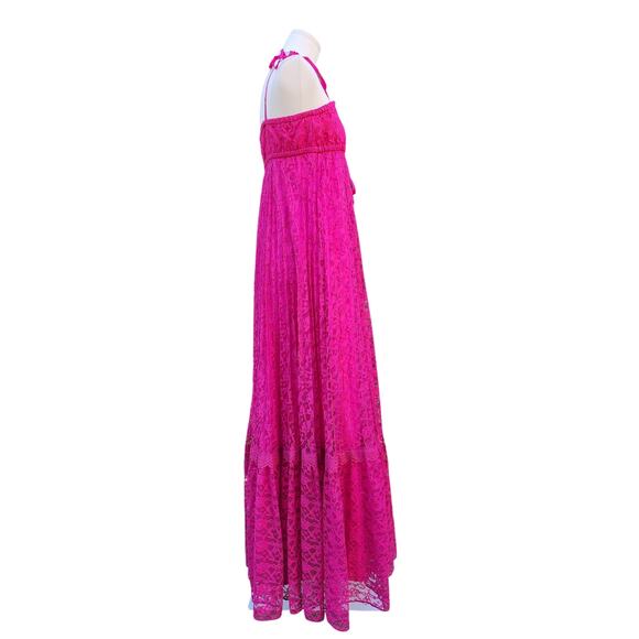 Vtg 60s 70s Union Made Barbie Hot Pink Empire Waist Lace Strappy Maxi Dress Sz S - Picture 3 of 8